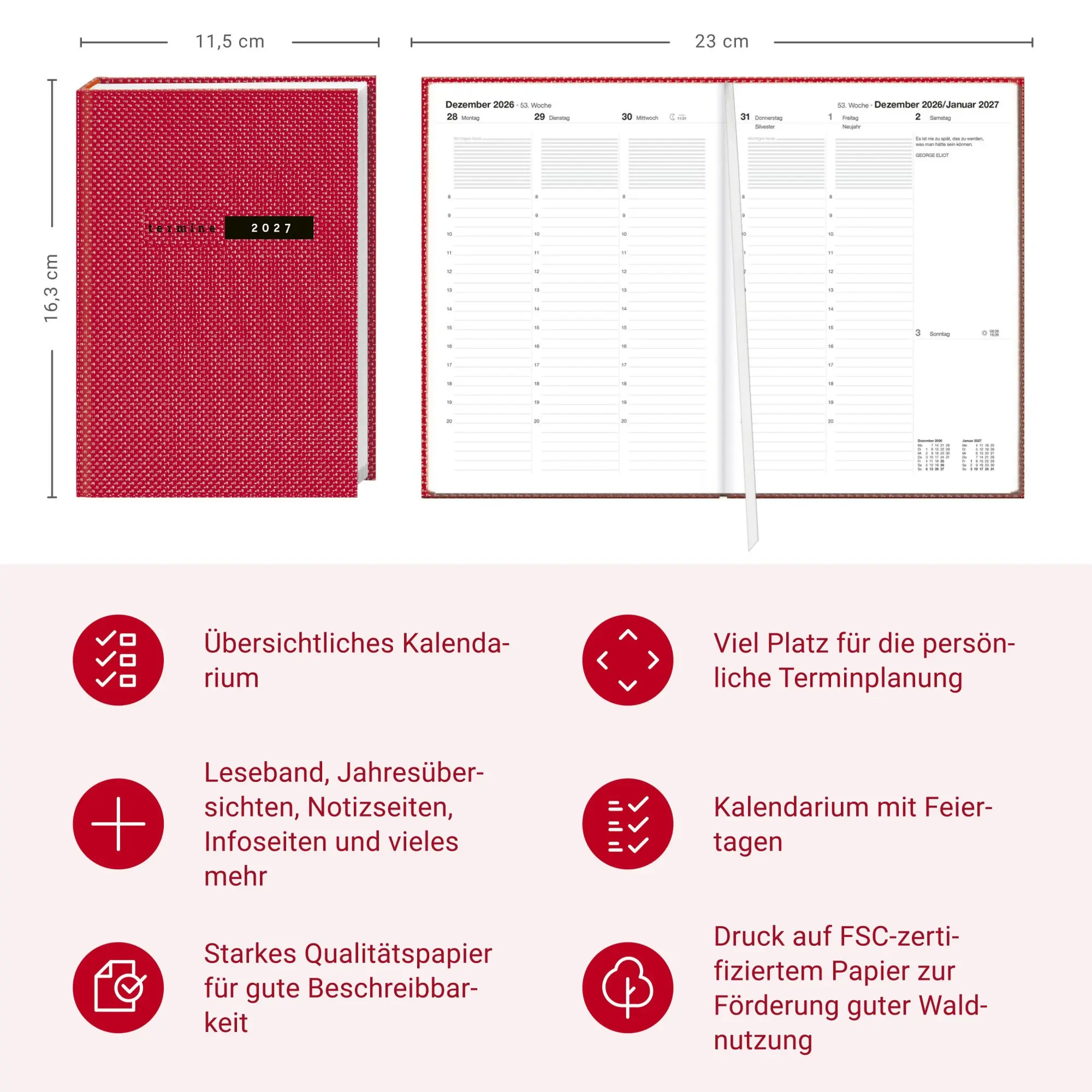 Bild: 9783756414901 | Terminer A6, Struktur rot 2027 | Heye | Buch | Bürokalender Heye