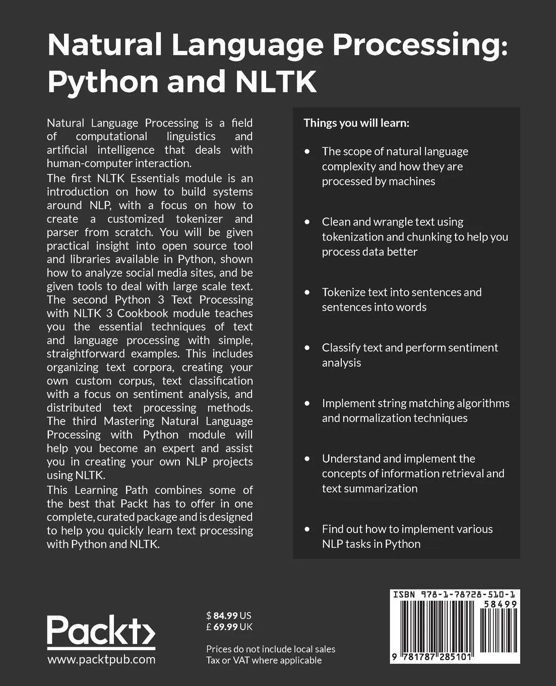 Rückseite: 9781787285101 | Natural Language Processing | Jacob Perkins (u. a.) | Taschenbuch