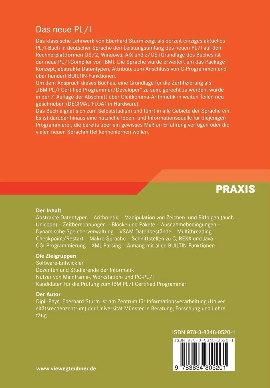 Rückseite: 9783834805201 | Das neue PL/I | ... für PC, Workstation und Mainframe | Eberhard Sturm
