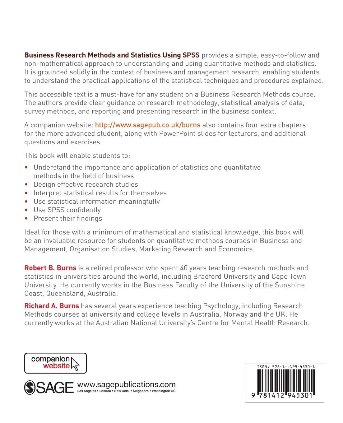 Rückseite: 9781412945301 | Business Research Methods and Statistics Using SPSS | Burns (u. a.)