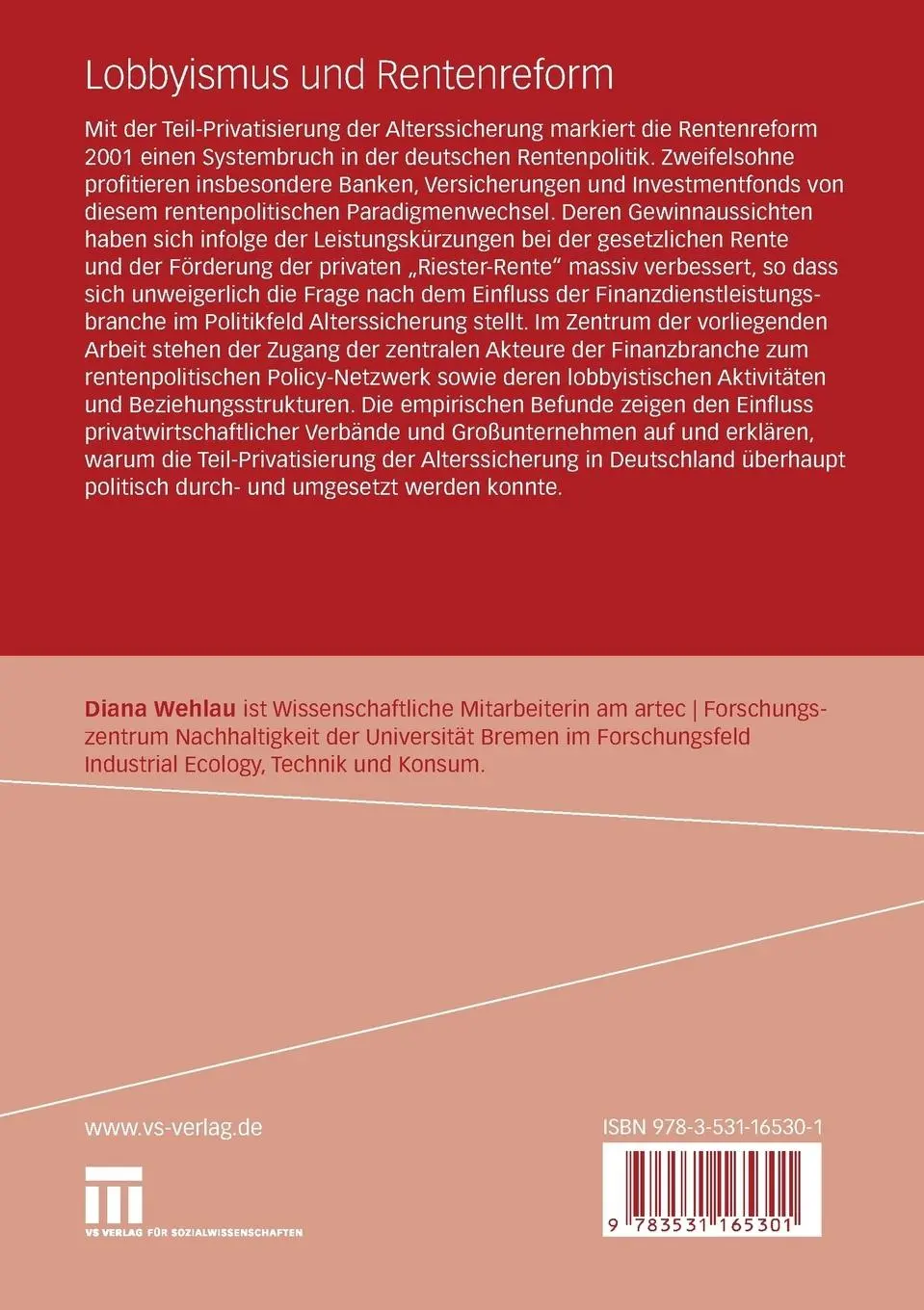 Rückseite: 9783531165301 | Lobbyismus und Rentenreform | Diana Wehlau | Taschenbuch | 381 S.