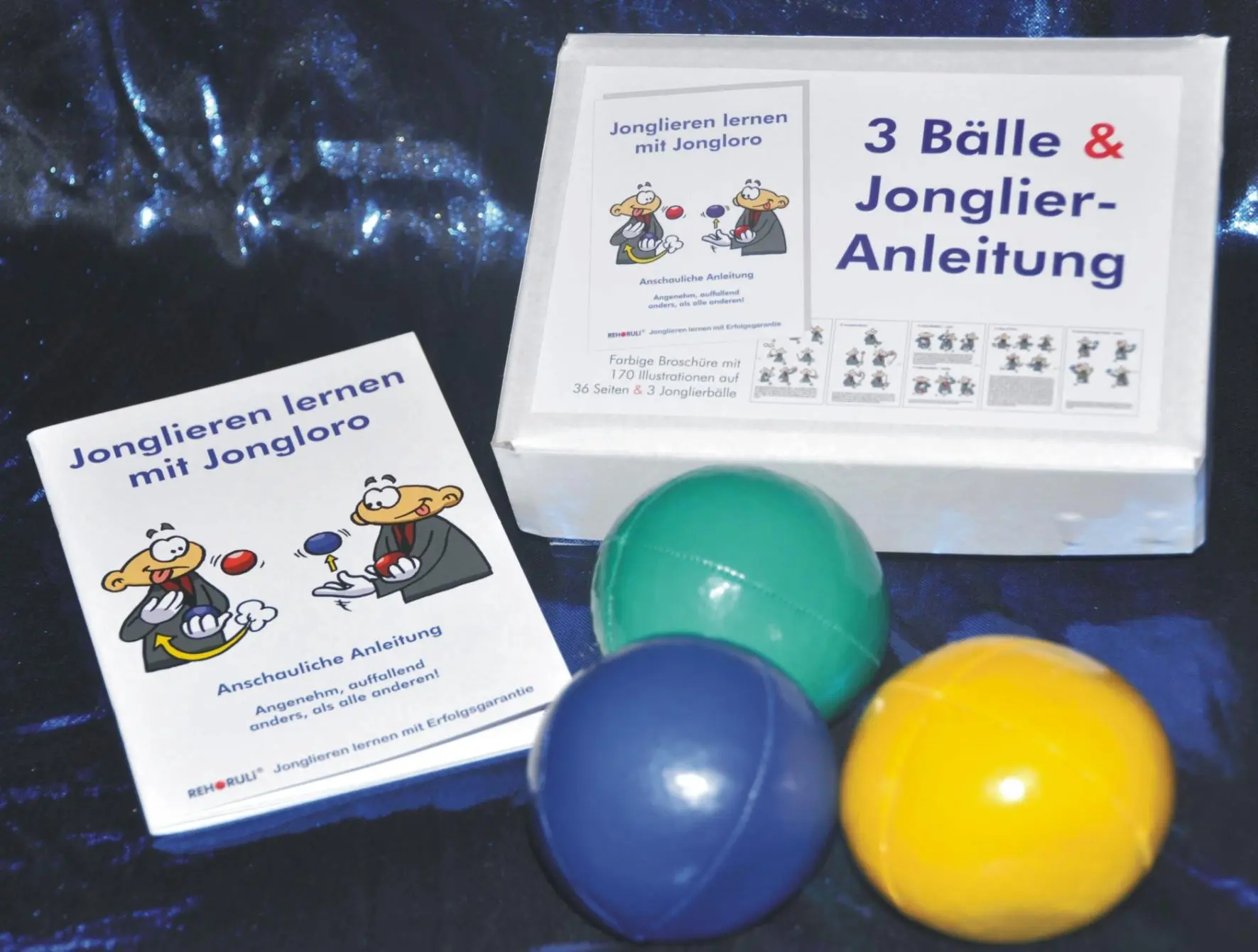 Cover: 9783940965301 | 3 Bälle &amp; Jonglier-Anleitung (blau, grün, gelb) | Ehlers Stephan | Box
