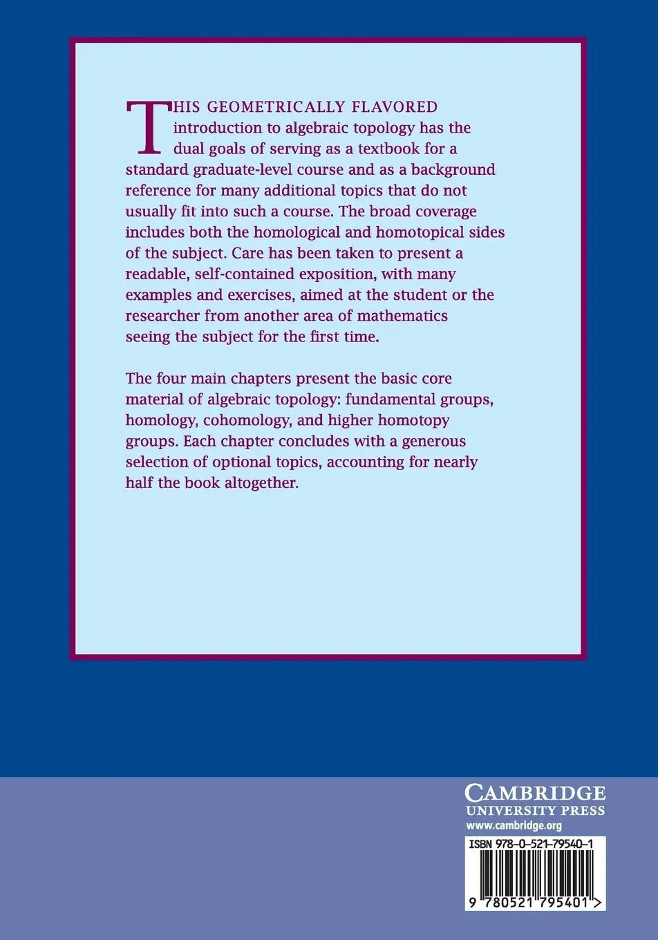 Rückseite: 9780521795401 | Algebraic Topology | Allen Hatcher | Taschenbuch | Englisch | 2001