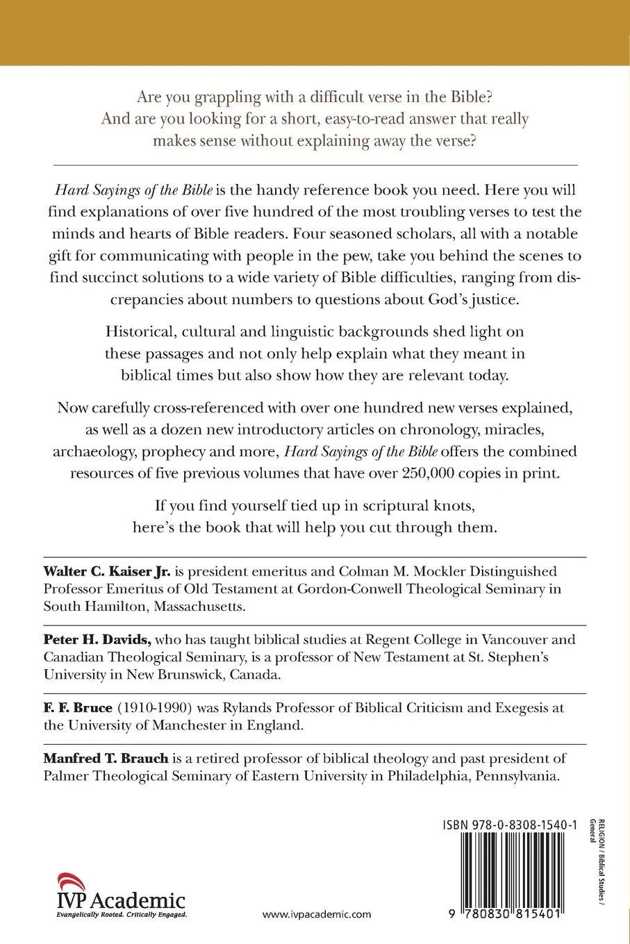 Rückseite: 9780830815401 | Hard Sayings of the Bible | Walter C. Kaiser (u. a.) | Taschenbuch