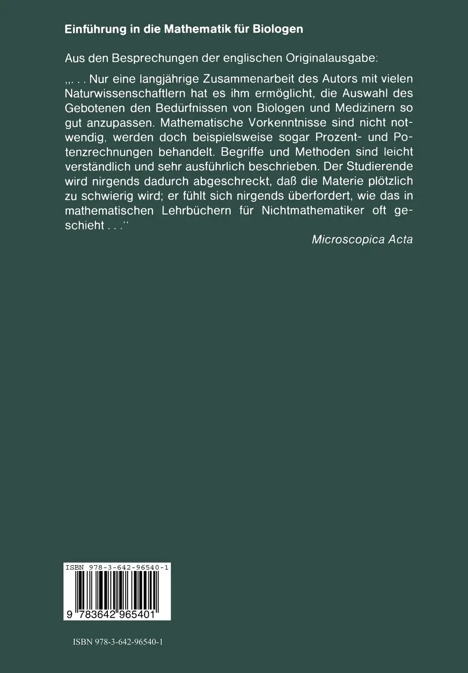 Rückseite: 9783642965401 | Einführung in die Mathematik für Biologen | E. Batschelet | Buch