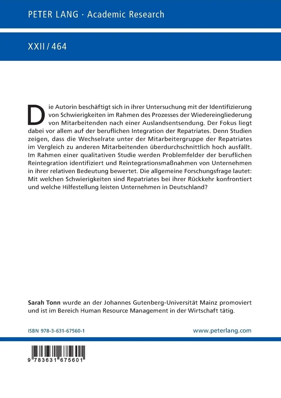 Rückseite: 9783631675601 | Die berufliche Integration von Repatriates | Sarah Tonn | Taschenbuch