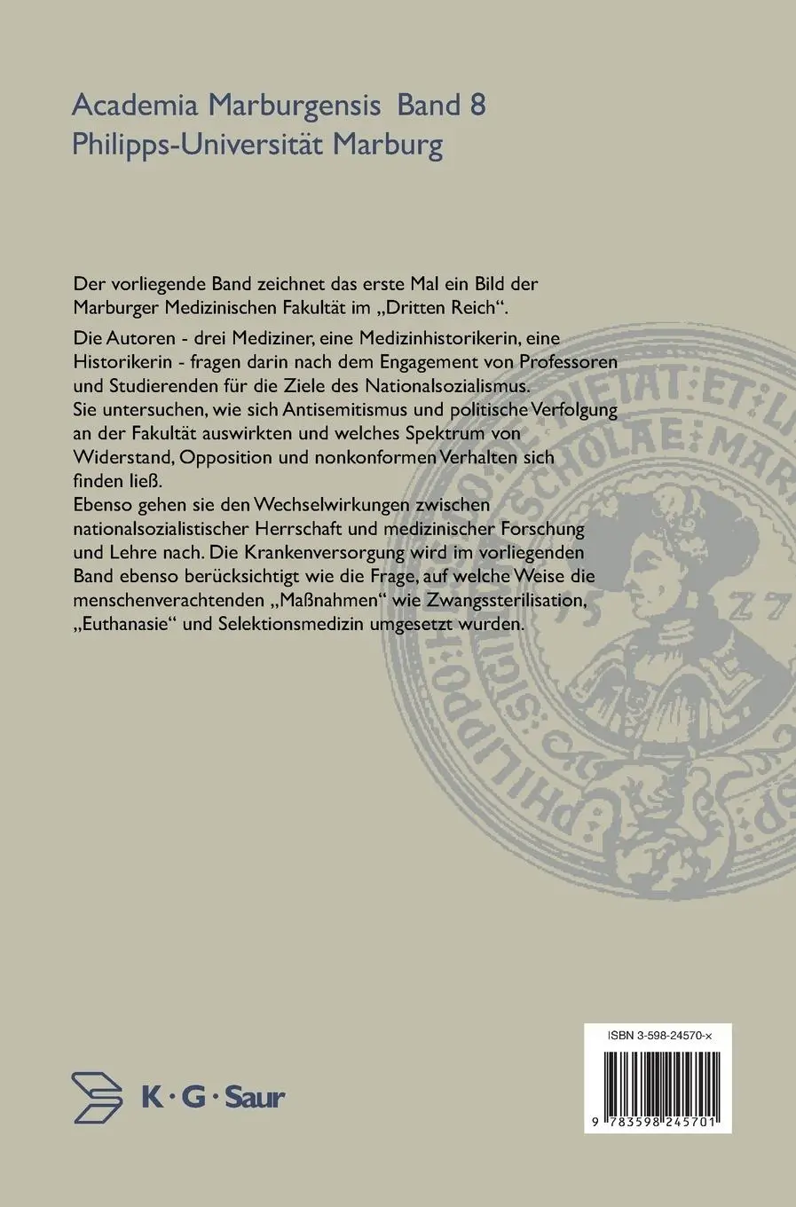 Rückseite: 9783598245701 | Die Marburger Medizinische Fakultät im "Dritten Reich" | Buch | 736 S.