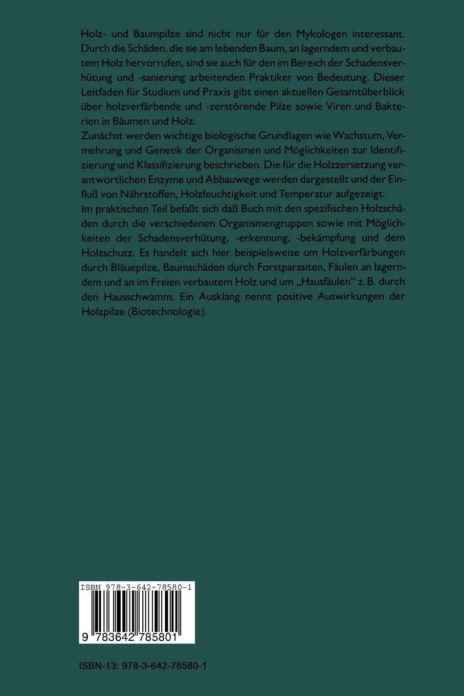Rückseite: 9783642785801 | Holz- und Baumpilze | Biologie, Schäden, Schutz, Nutzen | Olaf Schmidt