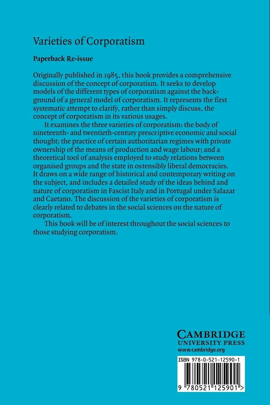 Rückseite: 9780521125901 | Varieties of Corporatism | A Conceptual Discussion | Williamson | Buch
