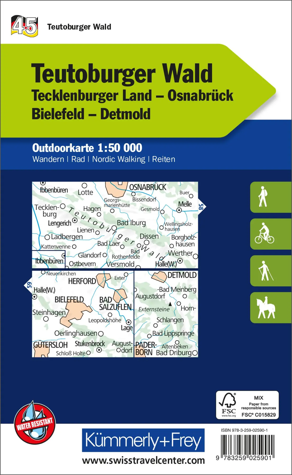 Rückseite: 9783259025901 | Kümmerly+Frey Outdoorkarte Deutschland 45 Teutoburger Wald 1:50.000