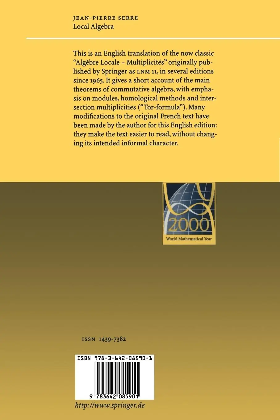 Rückseite: 9783642085901 | Local Algebra | Jean-Pierre Serre | Taschenbuch | xv | Englisch | 2011