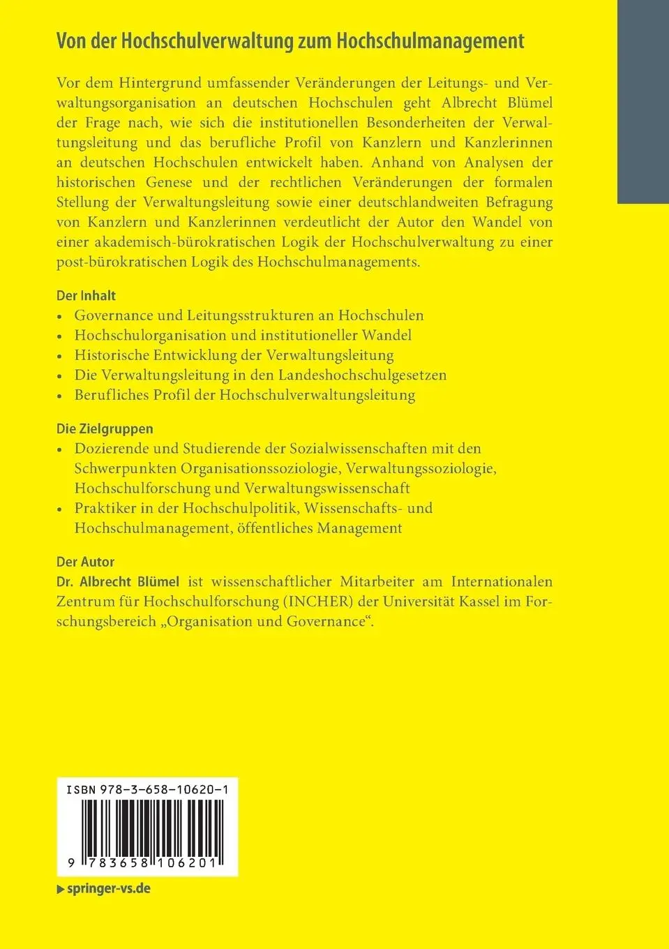 Rückseite: 9783658106201 | Von der Hochschulverwaltung zum Hochschulmanagement | Albrecht Blümel