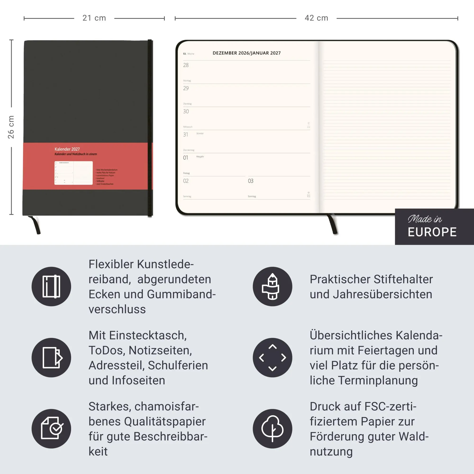 Bild: 9783756416301 | Kombitimer schwarz groß 2027 | Heye | Kalender | Bürokalender Heye