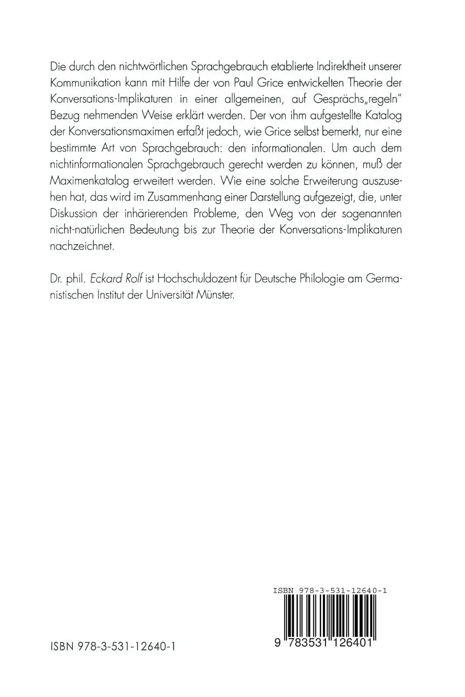Rückseite: 9783531126401 | Sagen und Meinen | Paul Grices Theorie der Konversations-Implikaturen