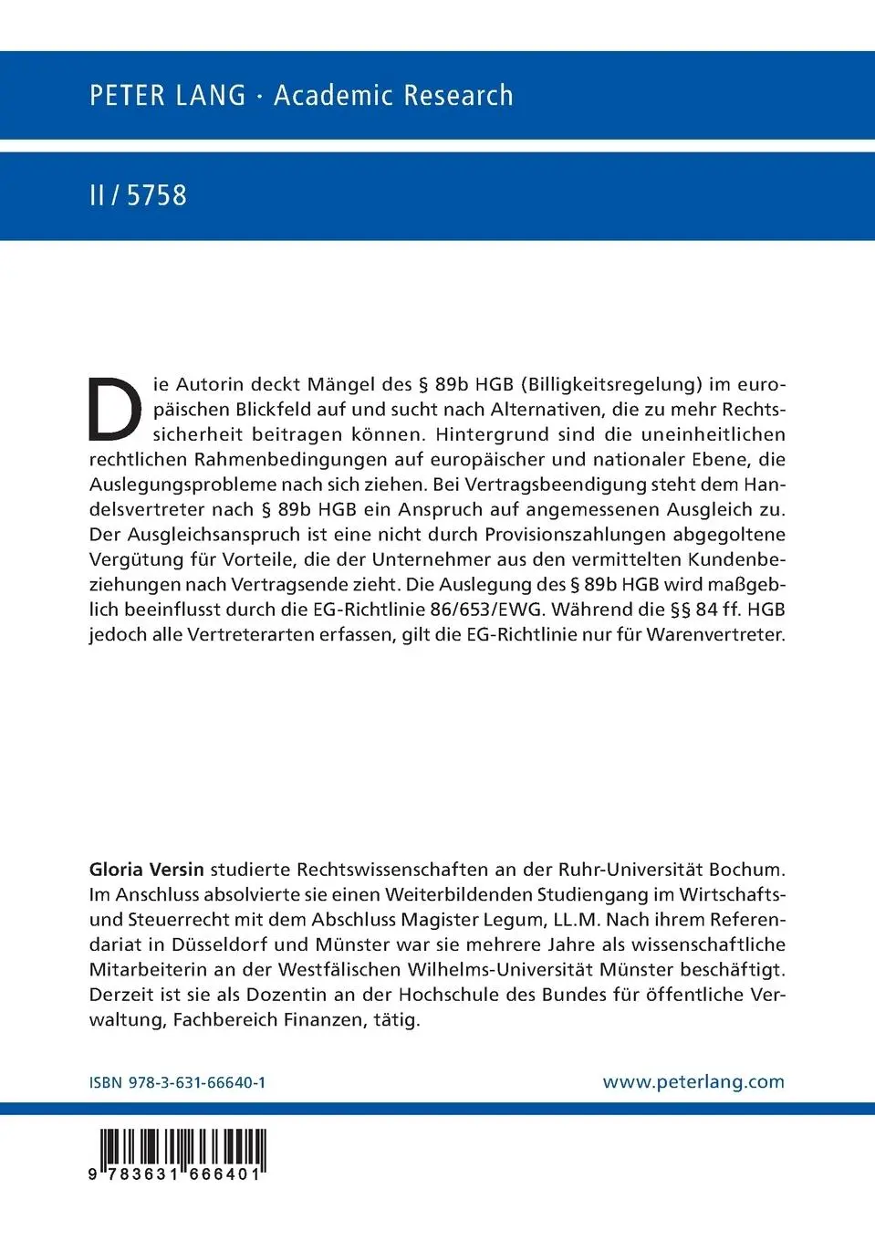 Rückseite: 9783631666401 | Der Ausgleichsanspruch nach § 89b HGB unter Einfluss der...
