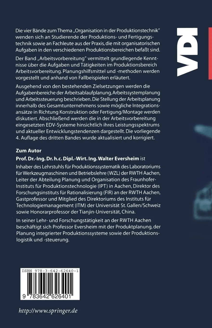 Rückseite: 9783642626401 | Organisation in der Produktionstechnik 3 | Arbeitsvorbereitung | Buch