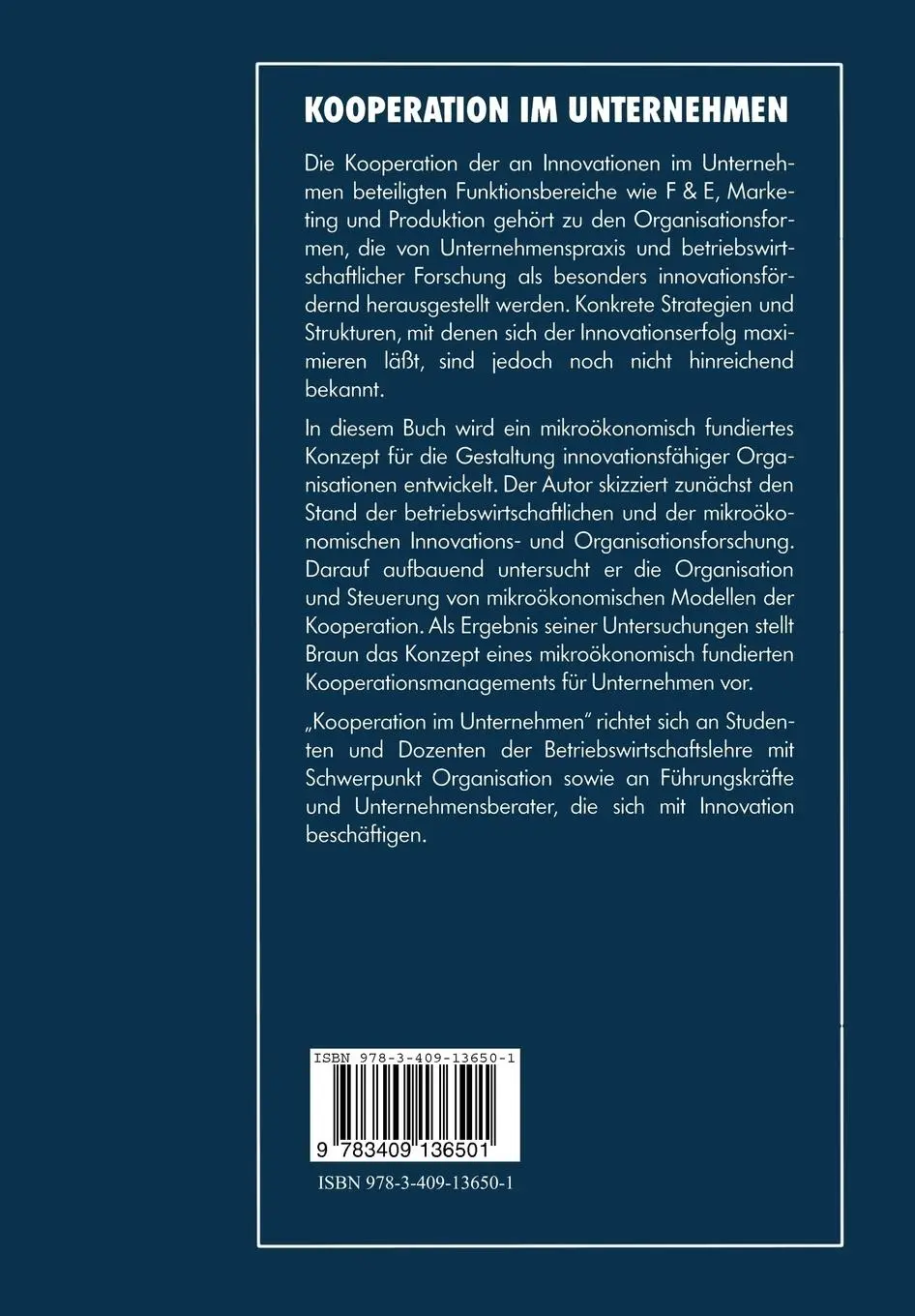 Rückseite: 9783409136501 | Kooperation im Unternehmen | Wolfram Braun | Taschenbuch | 244 S.