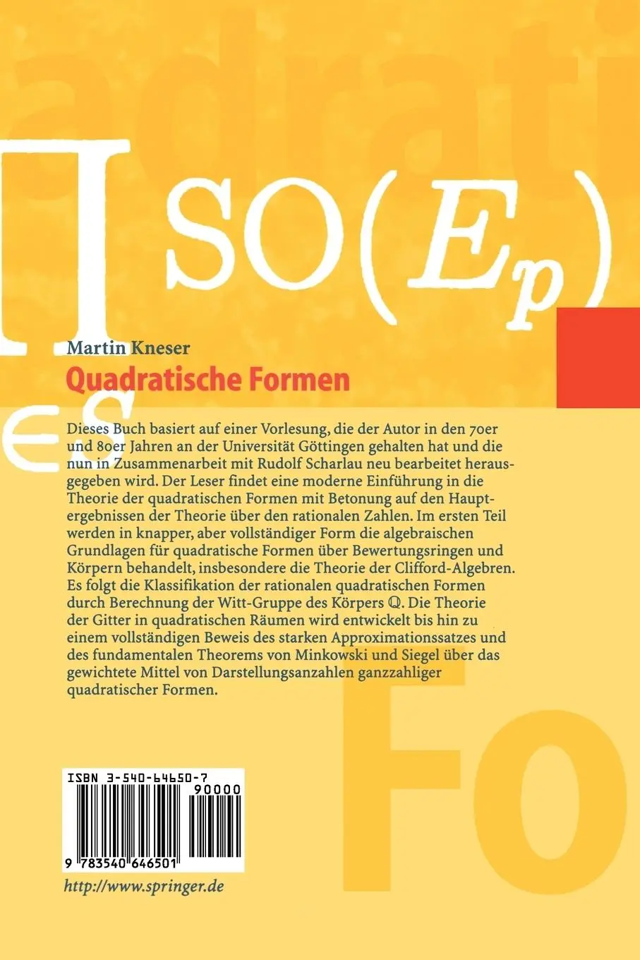 Rückseite: 9783540646501 | Quadratische Formen | Martin Kneser | Taschenbuch | viii | Deutsch