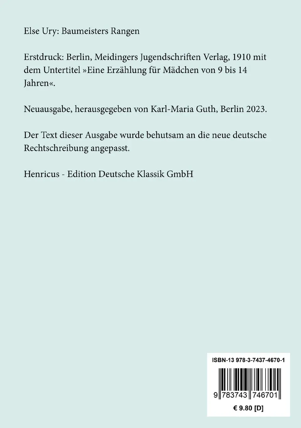 Rückseite: 9783743746701 | Baumeisters Rangen | Eine Erzählung für Mädchen von 9 bis 14 Jahren