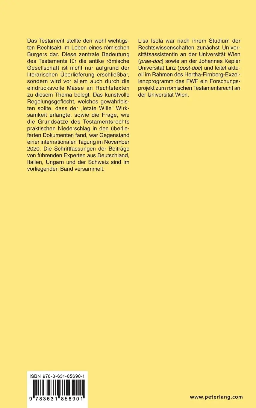 Rückseite: 9783631856901 | Klauselgestaltungen in Römischen Testamenten | Lisa Isola | Buch