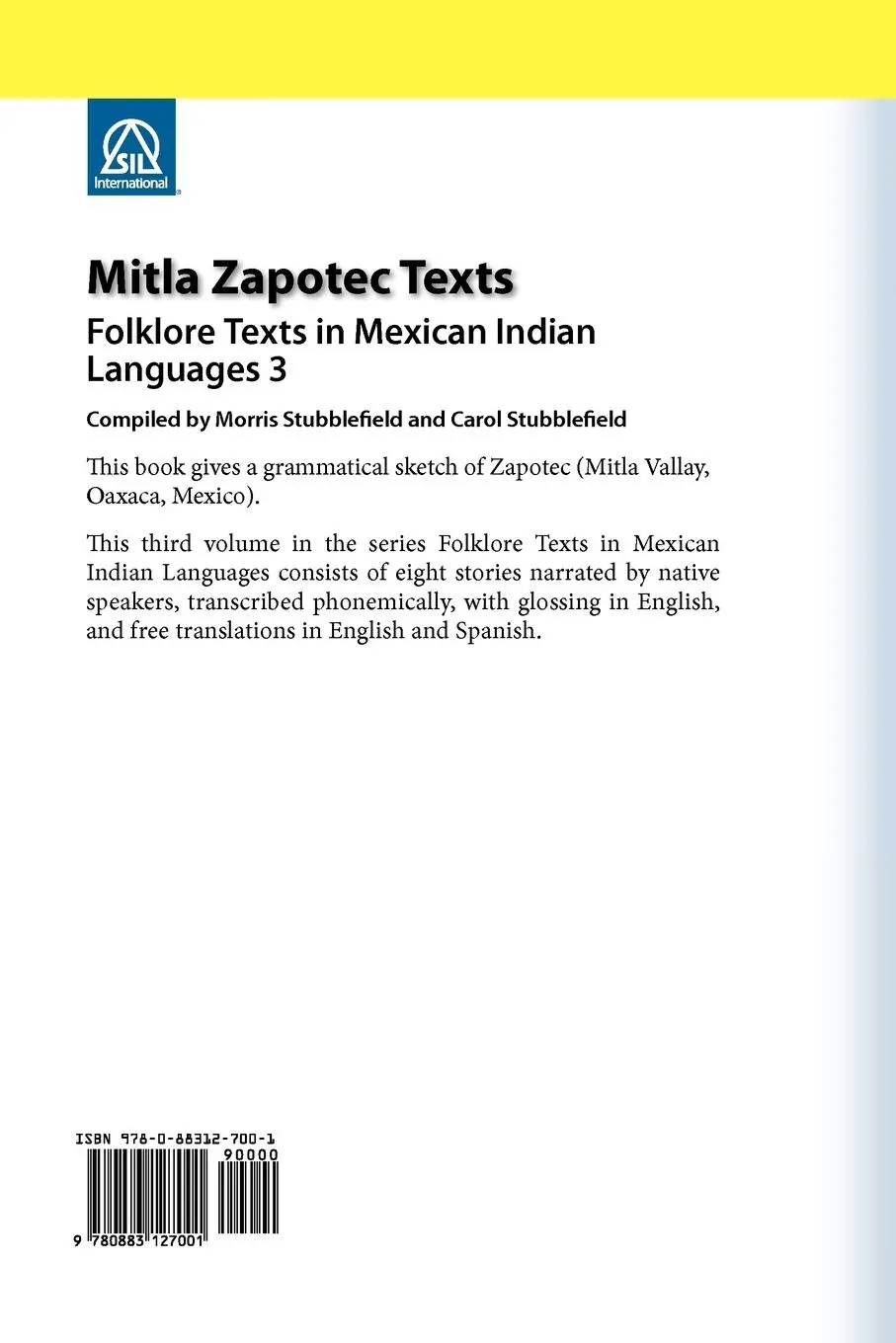 Rückseite: 9780883127001 | Mitla Zapotec Texts | Folklore Texts in Mexican Indian Languages 3
