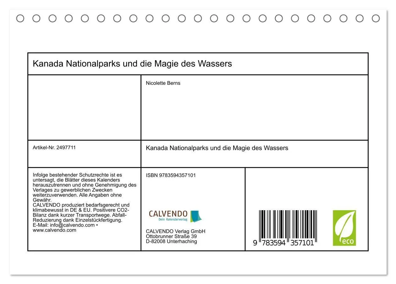 Bild: 9783594357101 | Kanada Nationalparks und die Magie des Wassers (Tischkalender 2027...