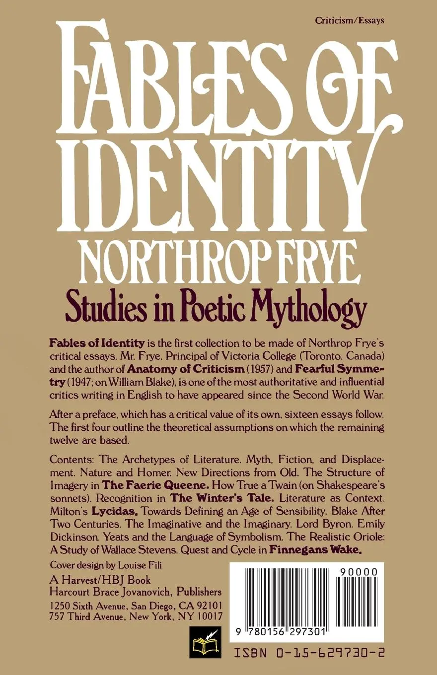 Rückseite: 9780156297301 | Fables of Identity | Studies in Poetic Mythology | Northrop Frye