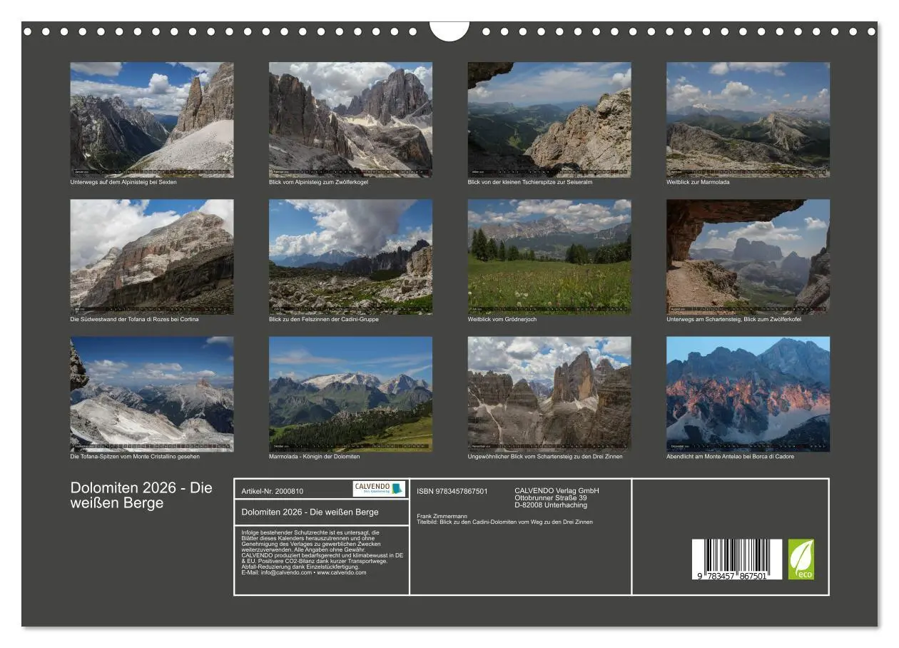 Bild: 9783457867501 | Dolomiten 2026 - Die weißen Berge (Wandkalender 2026 DIN A3 quer),...