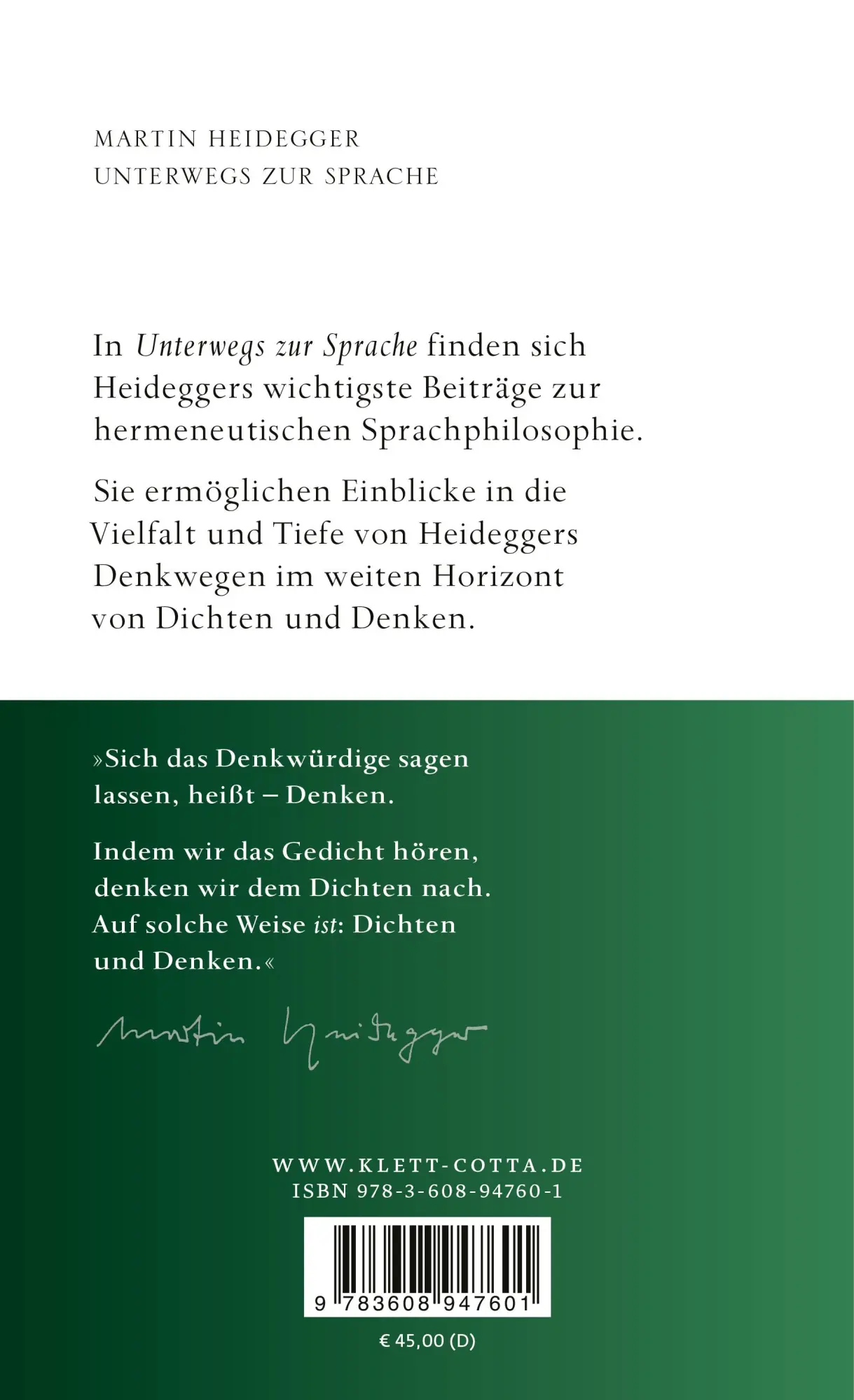 Rückseite: 9783608947601 | Unterwegs zur Sprache | Martin Heidegger | Buch | 392 S. | Deutsch