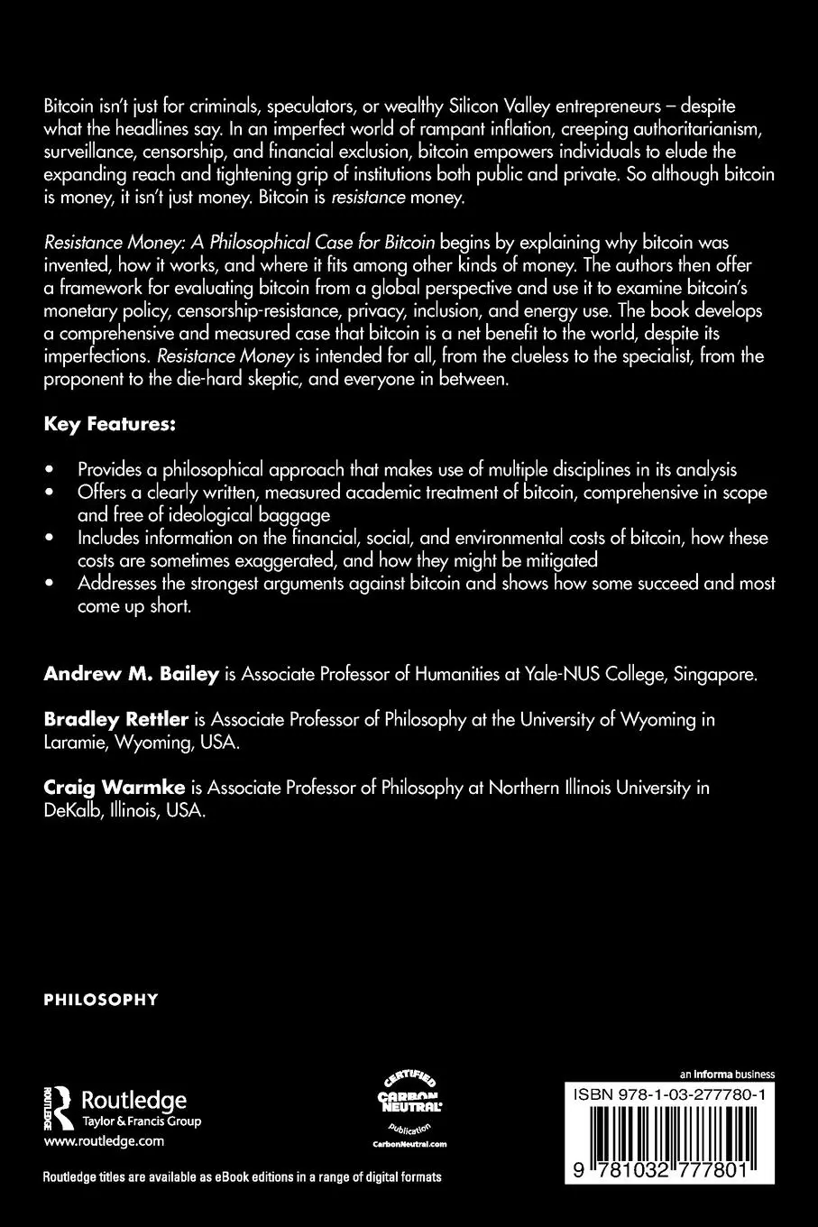 Rückseite: 9781032777801 | Resistance Money | A Philosophical Case for Bitcoin | Bailey (u. a.)
