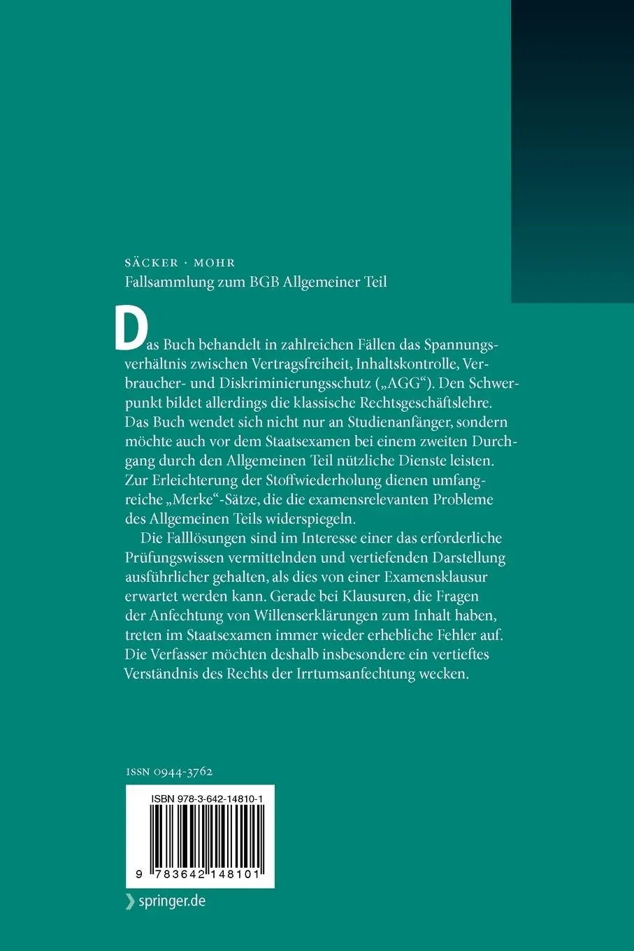 Rückseite: 9783642148101 | Fallsammlung zum BGB Allgemeiner Teil | Jochen Mohr (u. a.) | Buch
