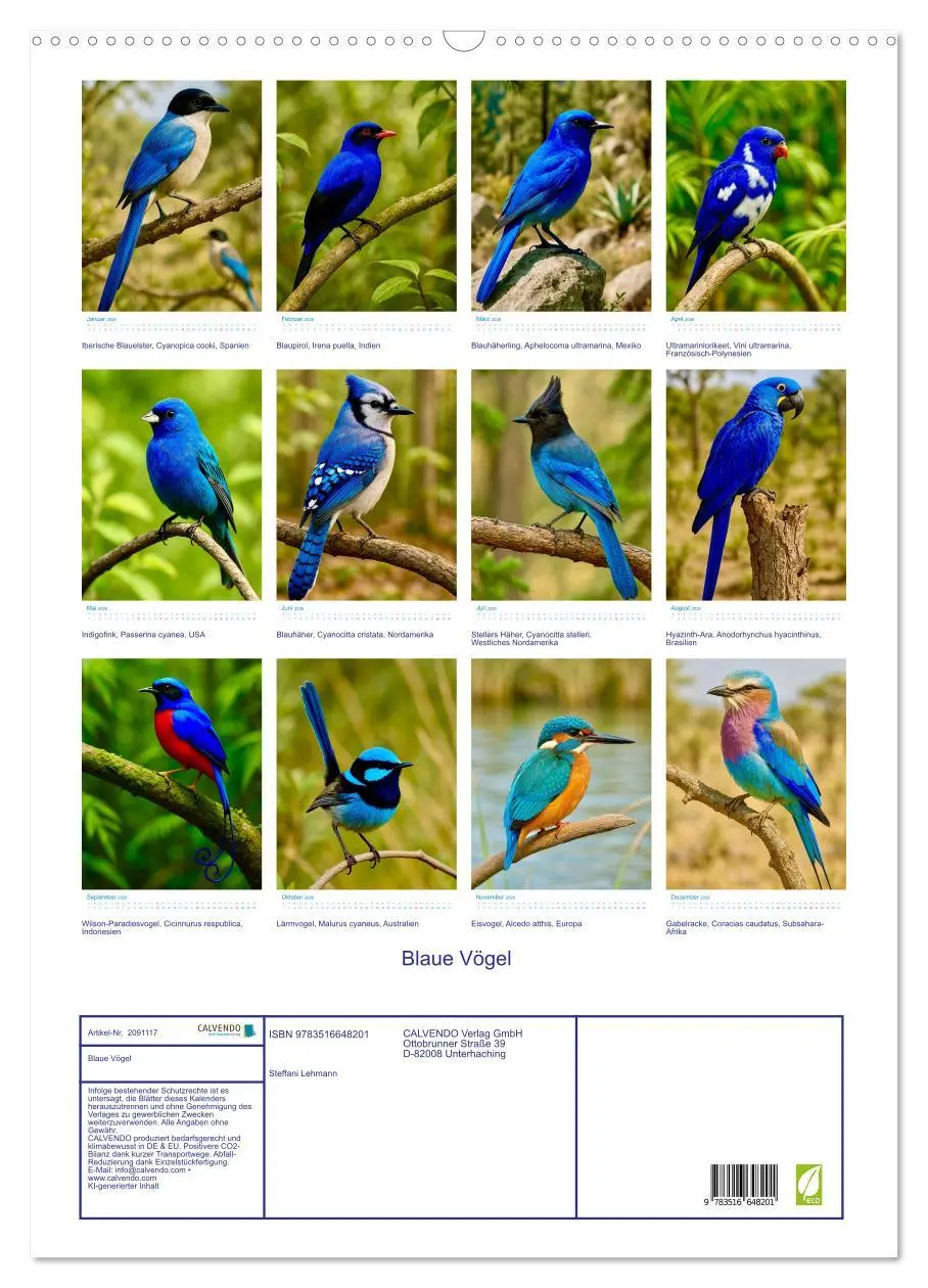 Bild: 9783516648201 | Blaue Vögel (Wandkalender 2026 DIN A2 hoch), CALVENDO Monatskalender
