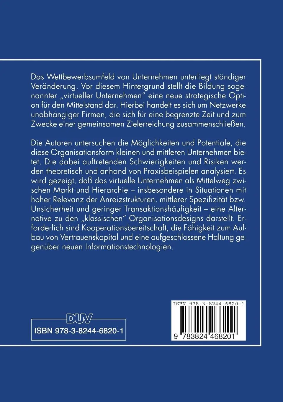 Rückseite: 9783824468201 | Das virtuelle Unternehmen | Eine Organisationsform für den Mittelstand
