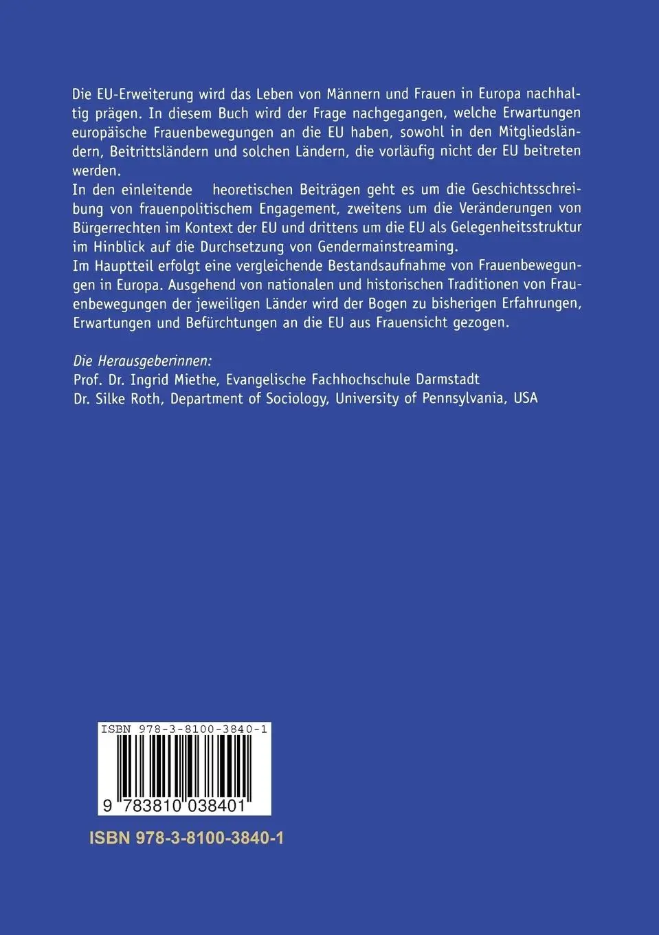 Rückseite: 9783810038401 | Europas Töchter | Silke Roth (u. a.) | Taschenbuch | 291 S. | Deutsch