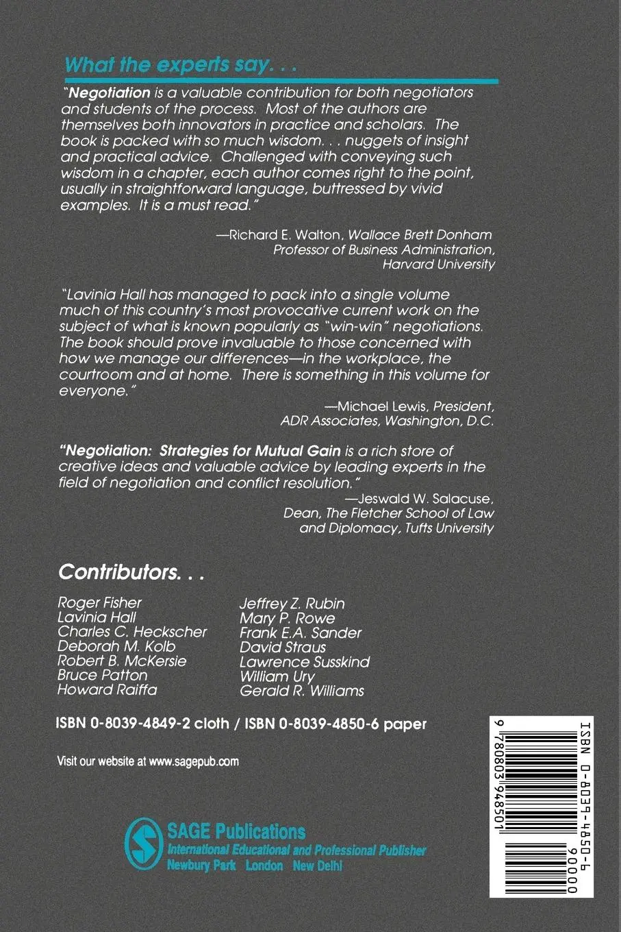 Rückseite: 9780803948501 | Negotiation | Strategies for Mutual Gain | Lavinia Hall | Taschenbuch