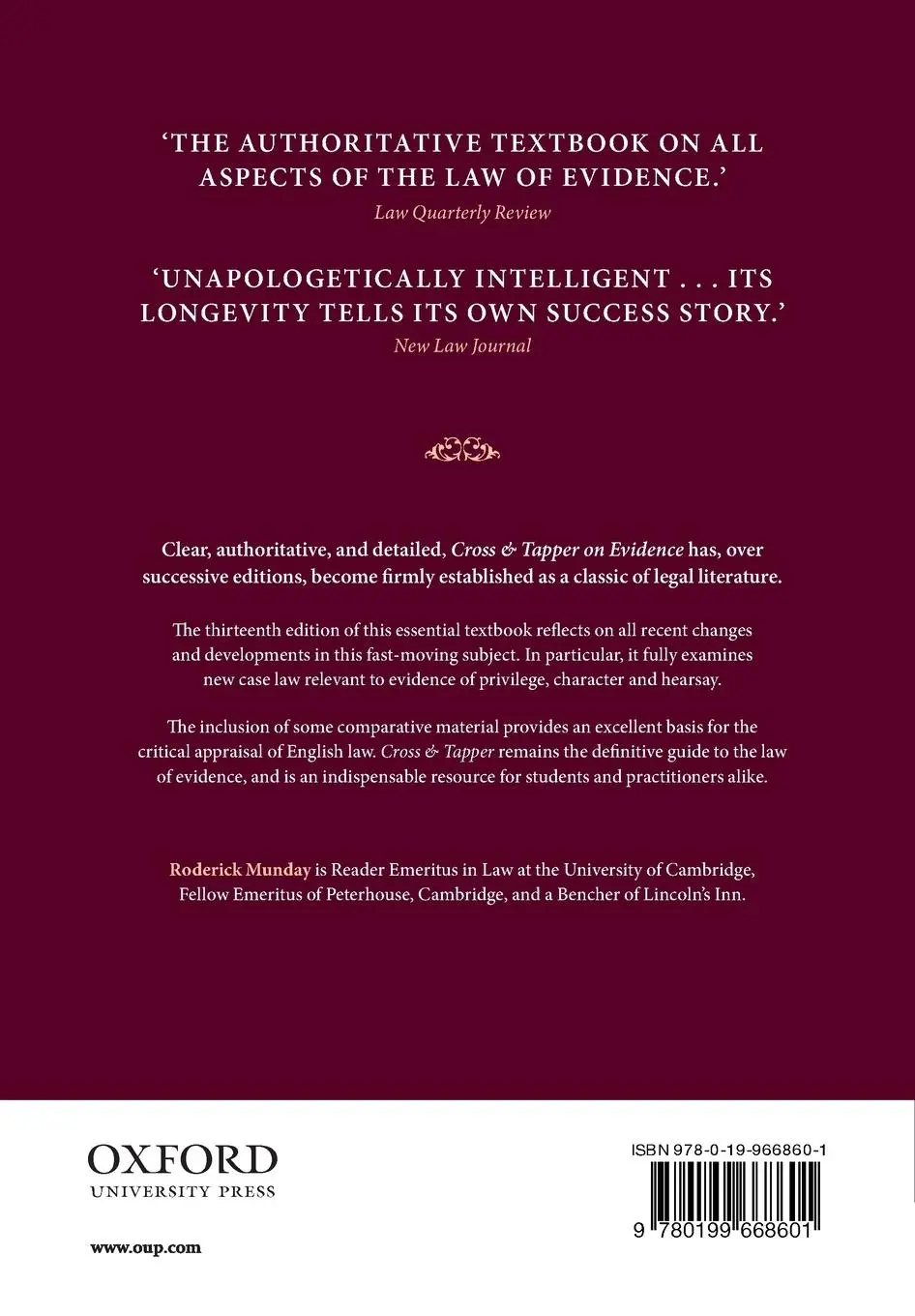 Rückseite: 9780199668601 | Cross &amp; Tapper on Evidence | Roderick Munday | Taschenbuch | Englisch