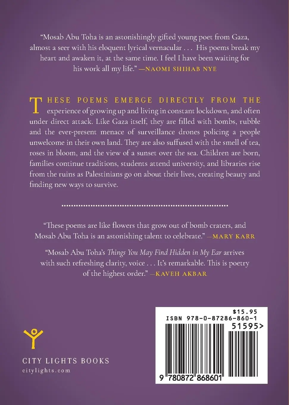 Rückseite: 9780872868601 | Things You May Find Hidden in My Ear | Poems from Gaza | Toha | Buch