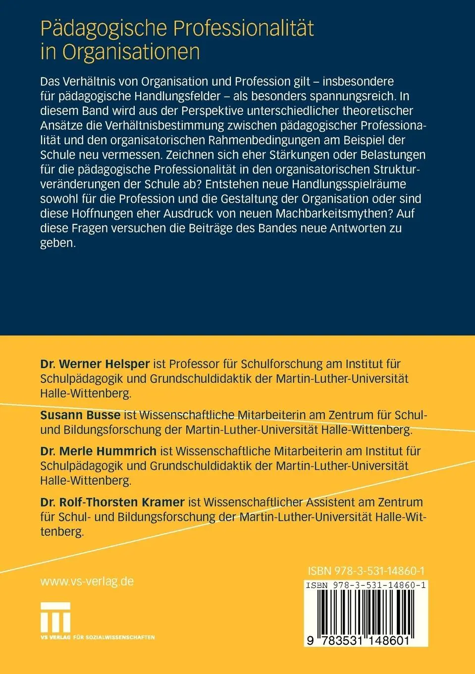 Rückseite: 9783531148601 | Pädagogische Professionalität in Organisationen | Helsper (u. a.)