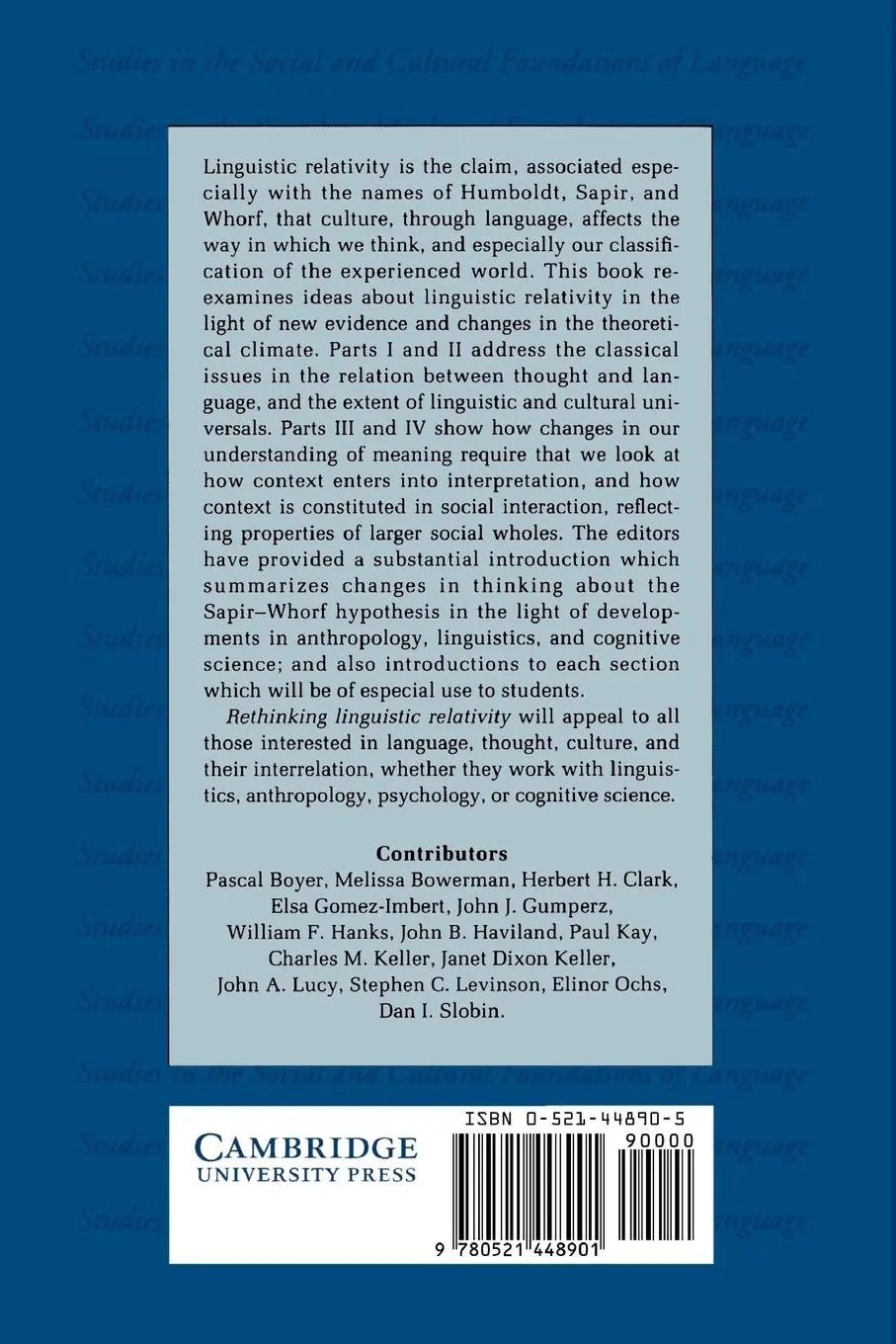 Rückseite: 9780521448901 | Rethinking Linguistic Relativity | John Joseph Gumperz (u. a.) | Buch