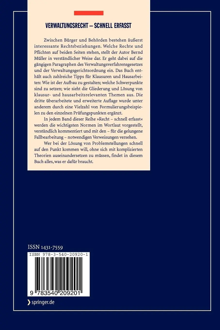 Rückseite: 9783540209201 | Verwaltungsrecht - Schnell erfasst | Bernd Müller | Taschenbuch | viii