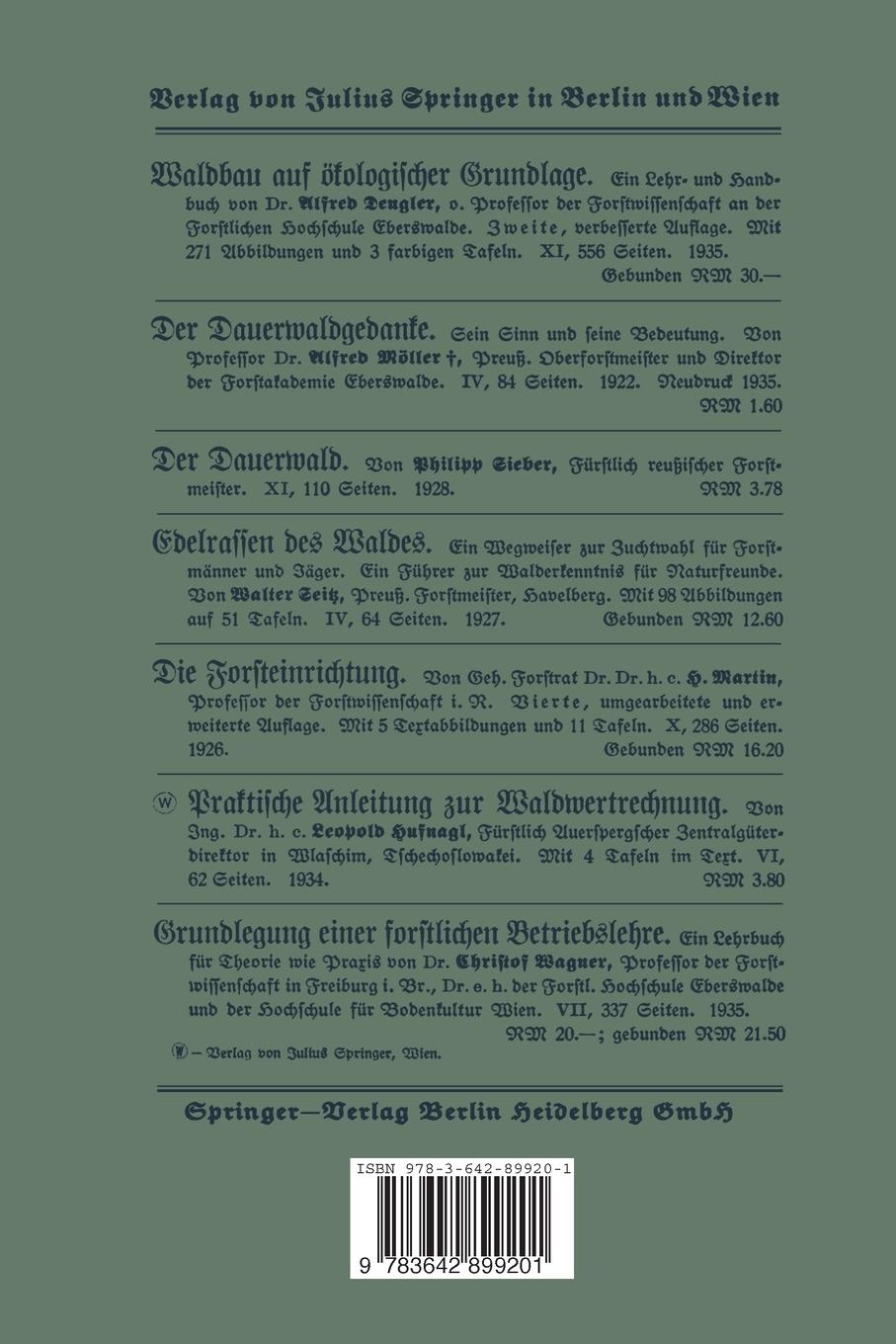 Rückseite: 9783642899201 | Forstliches Rechnen | Fritz Jütte | Taschenbuch | viii | Deutsch