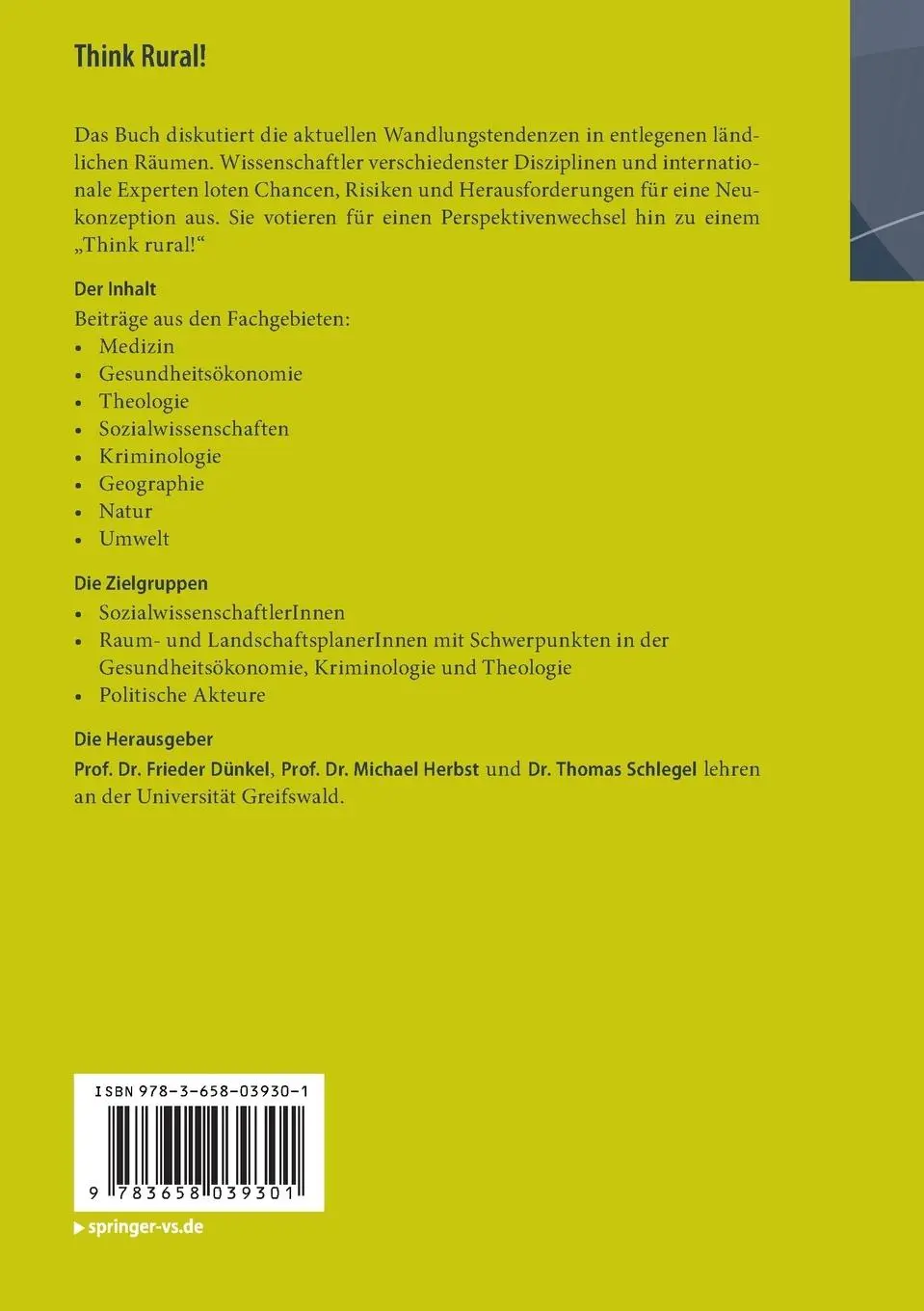 Rückseite: 9783658039301 | Think Rural! | Frieder Dünkel (u. a.) | Taschenbuch | xiv | Deutsch