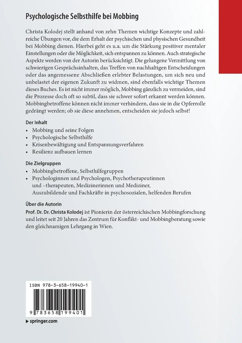 Rückseite: 9783658199401 | Psychologische Selbsthilfe bei Mobbing | Christa Kolodej | Taschenbuch