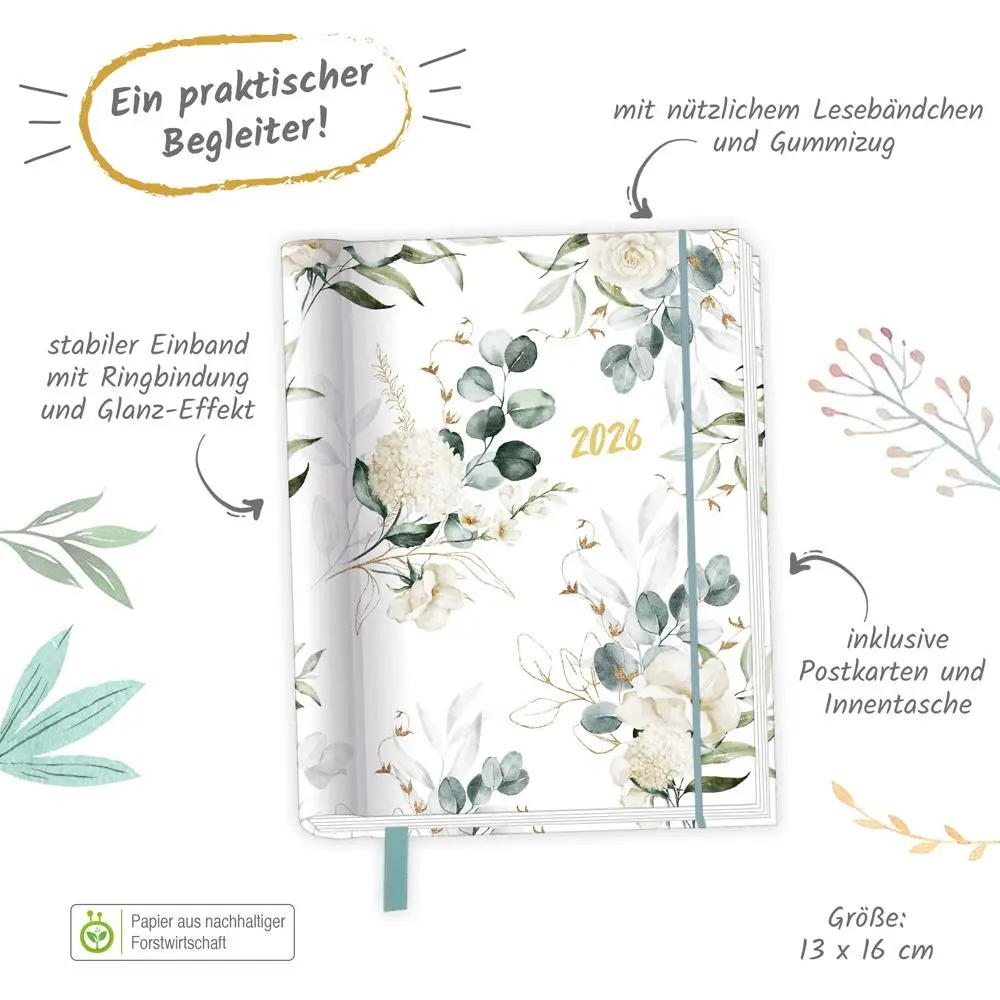 Bild: 4251901509901 | Trötsch Taschenkalender A6 Wire-O Motiv Blätter 2026 mit Postkarten