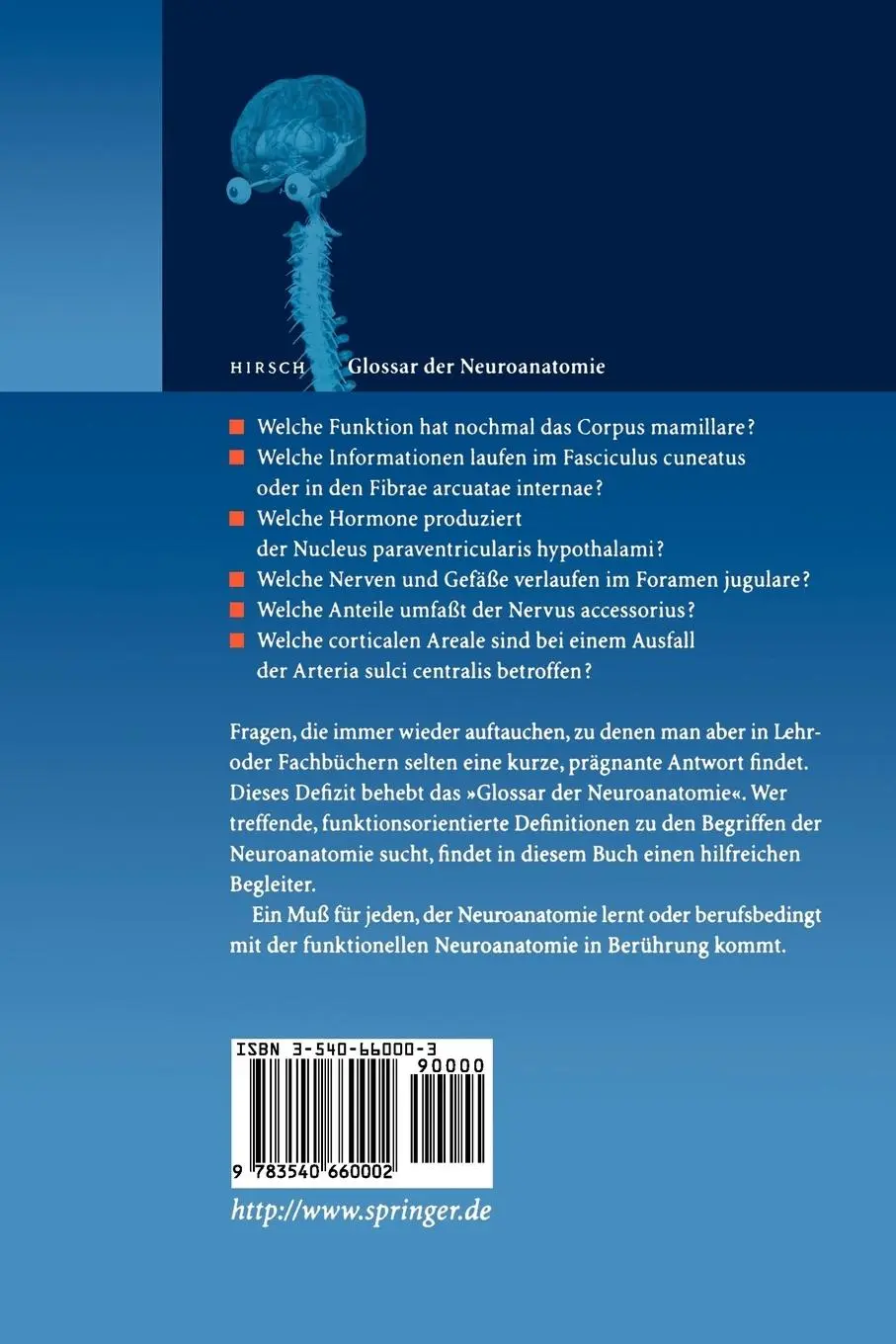 Rückseite: 9783540660002 | Glossar der Neuroanatomie | Martin C. Hirsch | Taschenbuch | vii