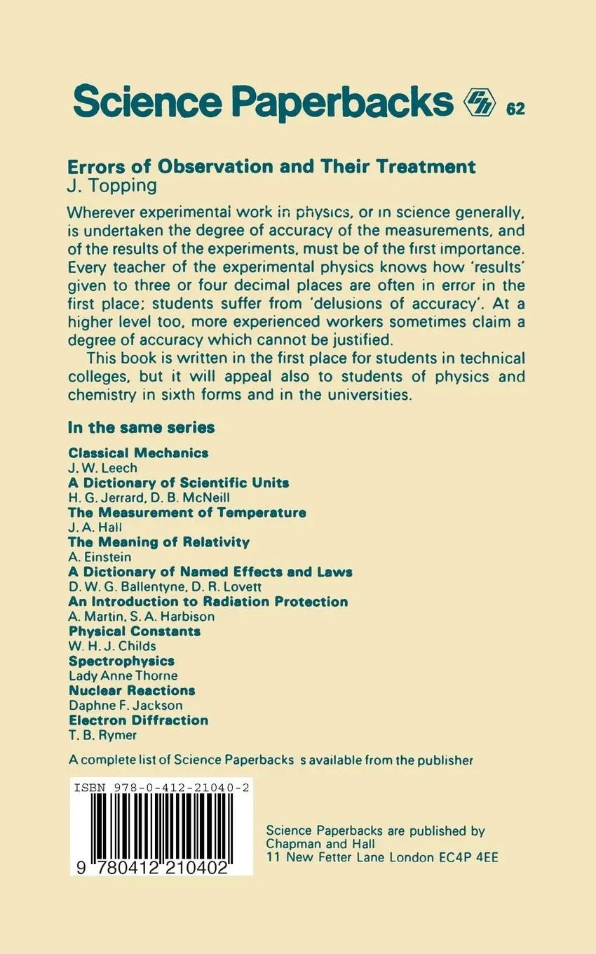 Rückseite: 9780412210402 | Errors of Observation and their Treatment | J. Topping | Taschenbuch