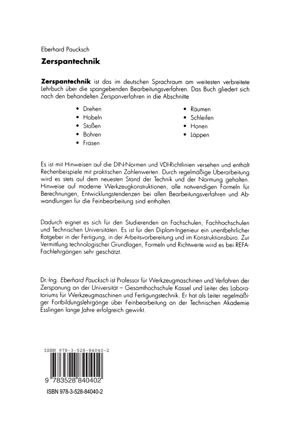 Rückseite: 9783528840402 | Zerspantechnik | Mit 35 Tabellen | Eberhard Paucksch | Taschenbuch