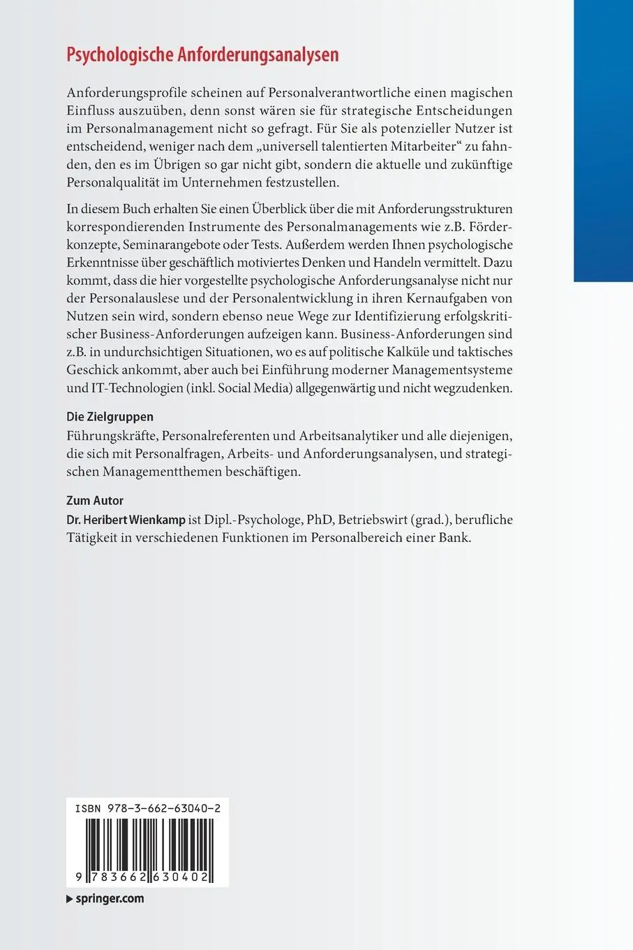 Rückseite: 9783662630402 | Psychologische Anforderungsanalysen | Heribert Wienkamp | Taschenbuch