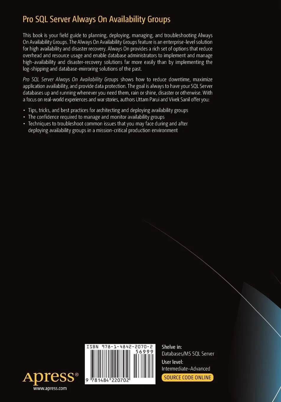 Rückseite: 9781484220702 | Pro SQL Server Always On Availability Groups | Vivek Sanil (u. a.)