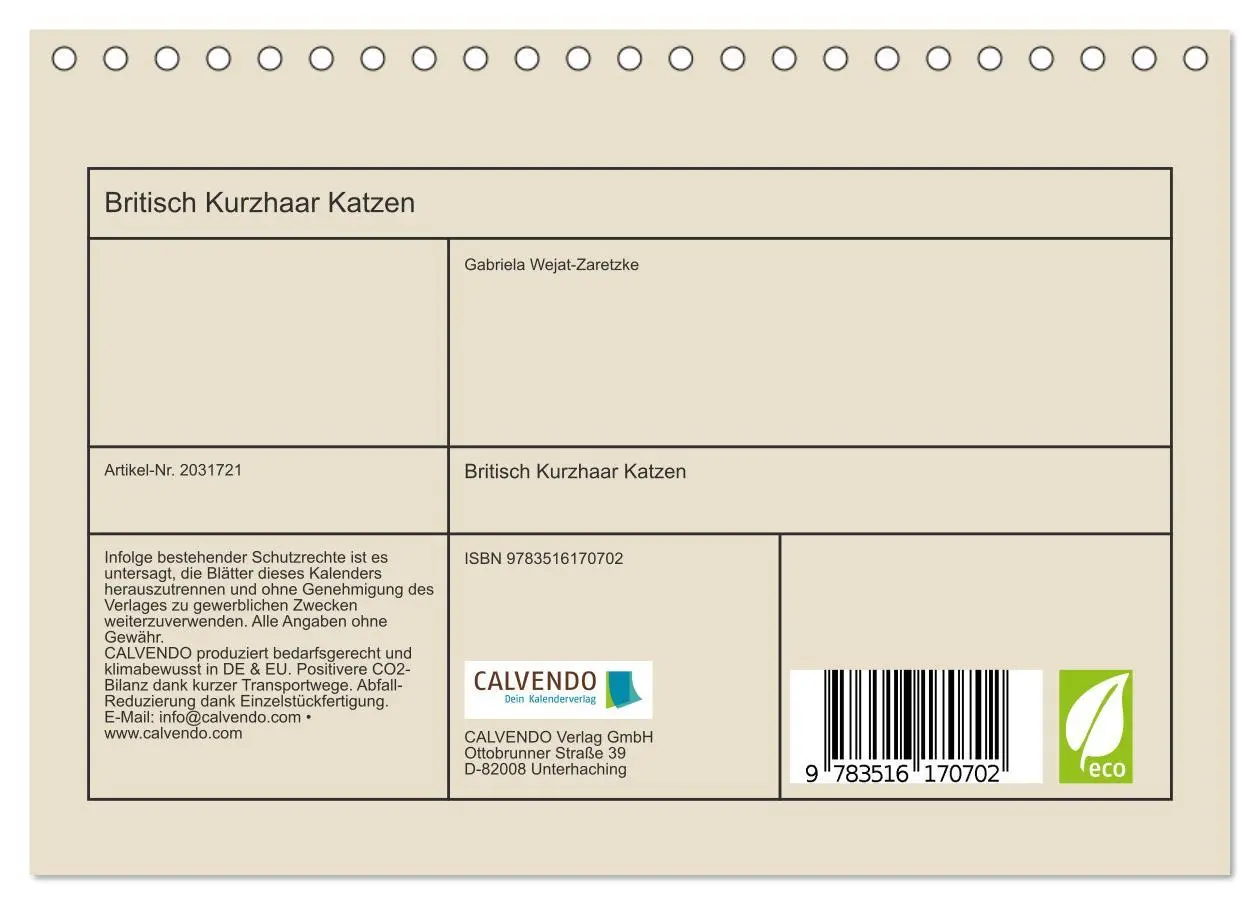 Bild: 9783516170702 | Britisch Kurzhaar Katzen (Tischkalender 2026 DIN A5 quer), CALVENDO...